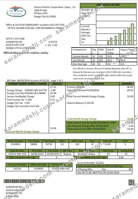 USA Kansas Victory Electric business utility bill template in Word and PDF formats